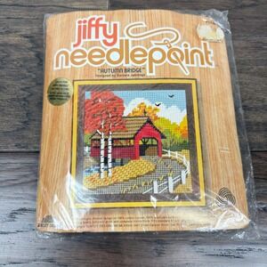 Vintage Jiffy Needlepoint Kit Autumn Bridge Covered Red Barn Fall‎ Landscape